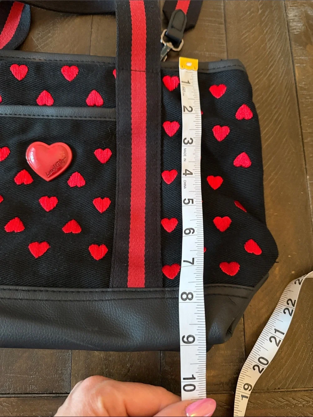Luv Betsey by Betsey Johnson Black Tote with Red Heart Accents and Striped Strap